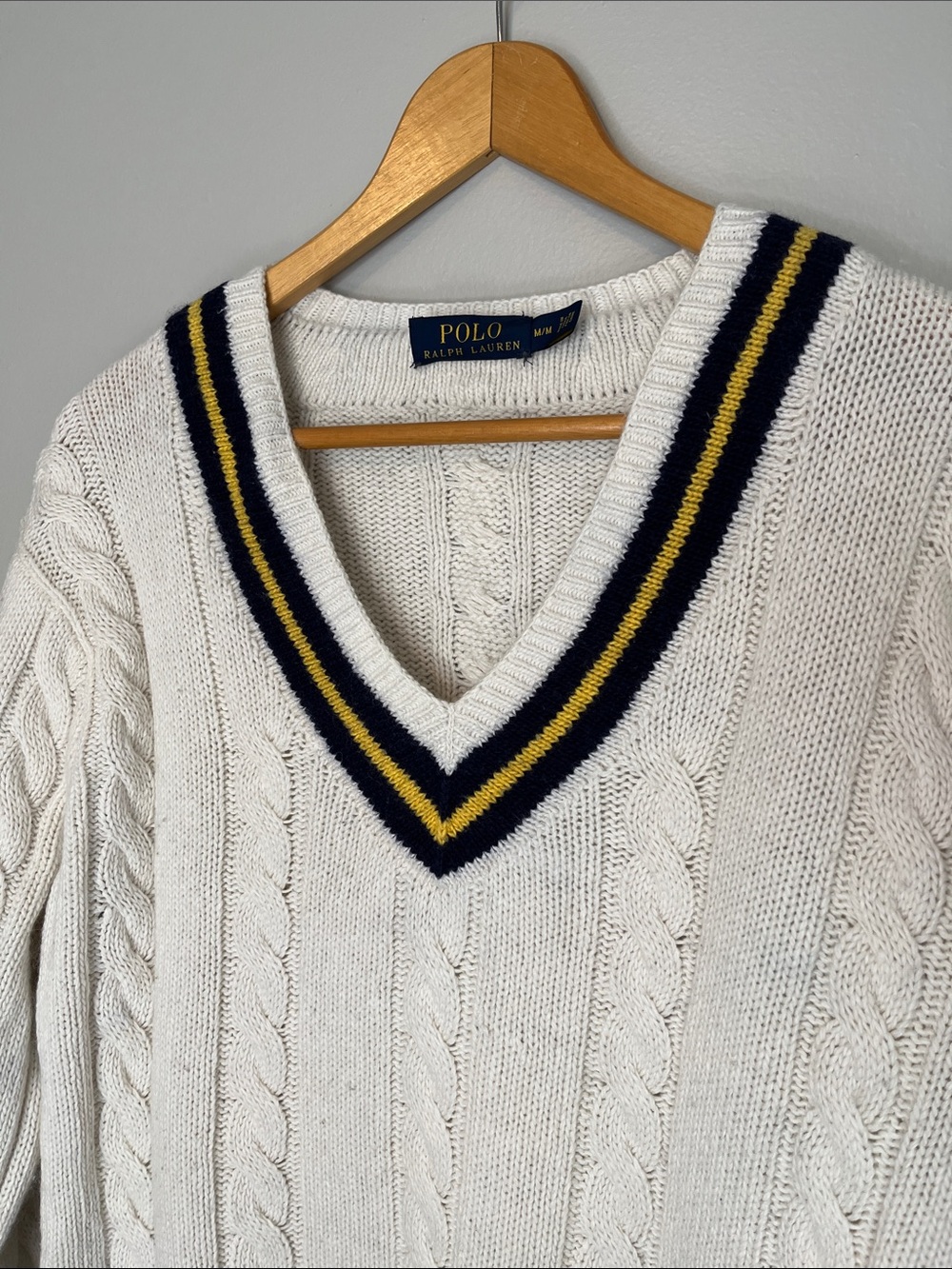 Polo by Ralph Lauren Cream Cricket Cable-Knit V-Neck Sweater with Navy & Yellow - Picture 3 of 17